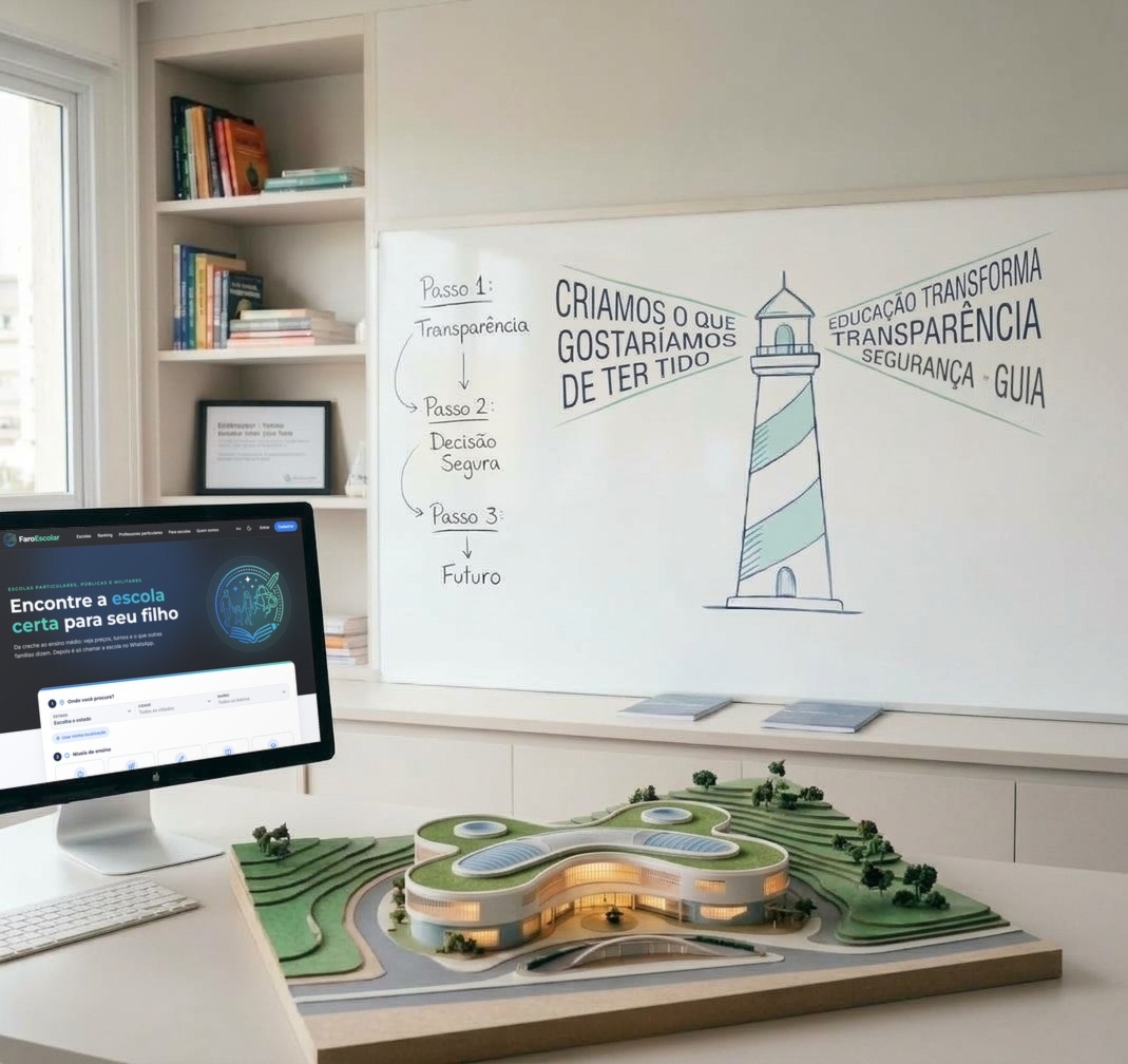 Sala com o FaroEscolar aberto no computador, um farol desenhado no quadro branco e a maquete de uma escola